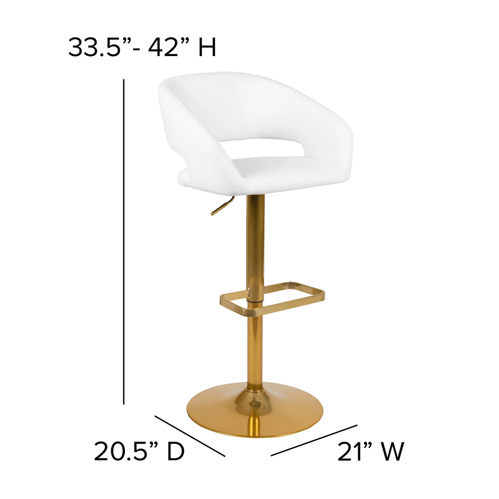 White Vinyl Upholstered Adjustable Height Barstool with Gold Pedestal Base B443347