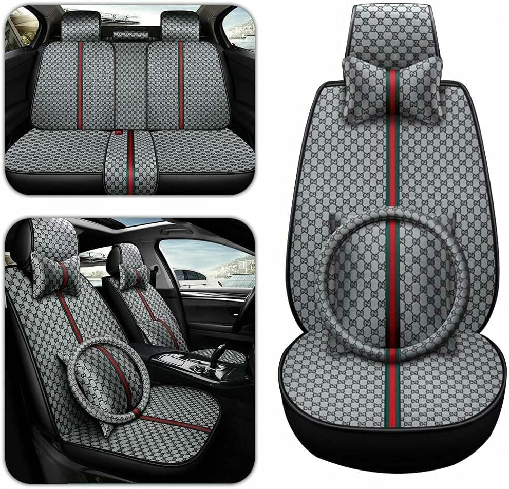 Grey Faux Leather Car Seat Covers Full Set 5 Seats Waterproof Protector O18266