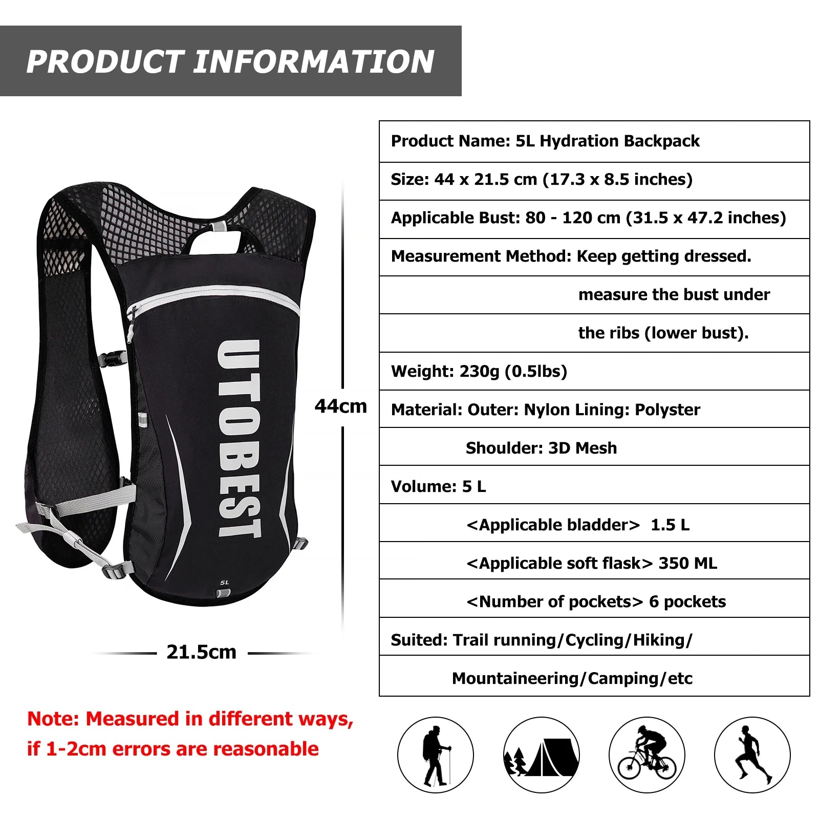 Running Backpacks Hydration Pack Running Vest 5L M7320