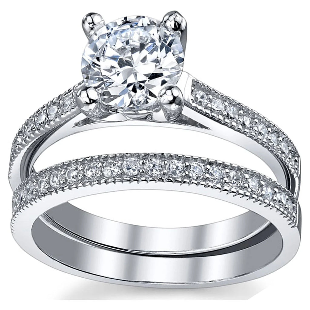 1.25 Ct Round Cubic Zirconia Sterling Silver Wedding Engagement Ring Set T76619