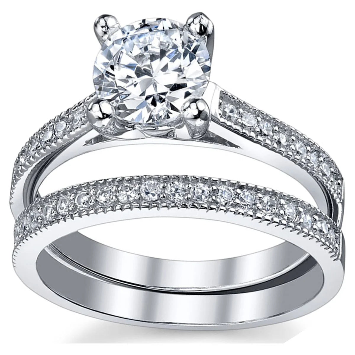1.25 Ct Round Cubic Zirconia Sterling Silver Wedding Engagement Ring Set T76619