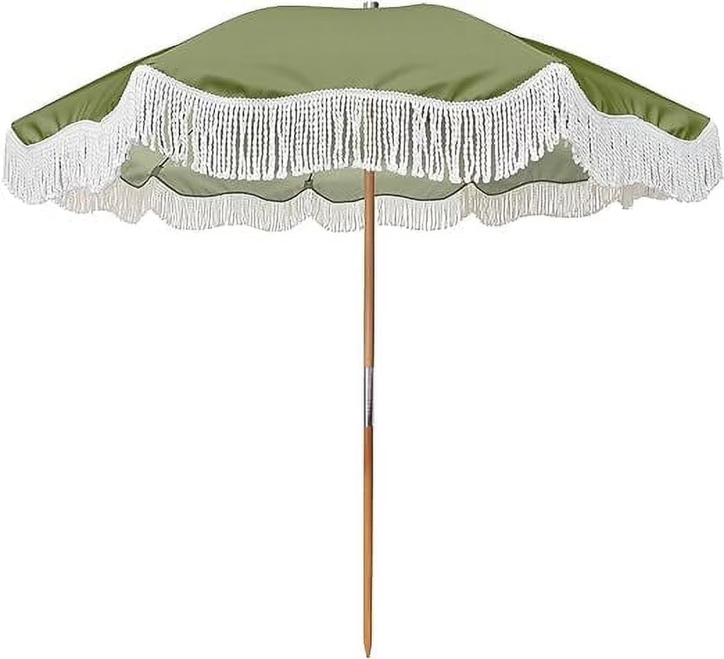 6.5ft Boho Fringe Beach Umbrella with Tassel Wood Pole UPF50+ UV Protection, Green S916