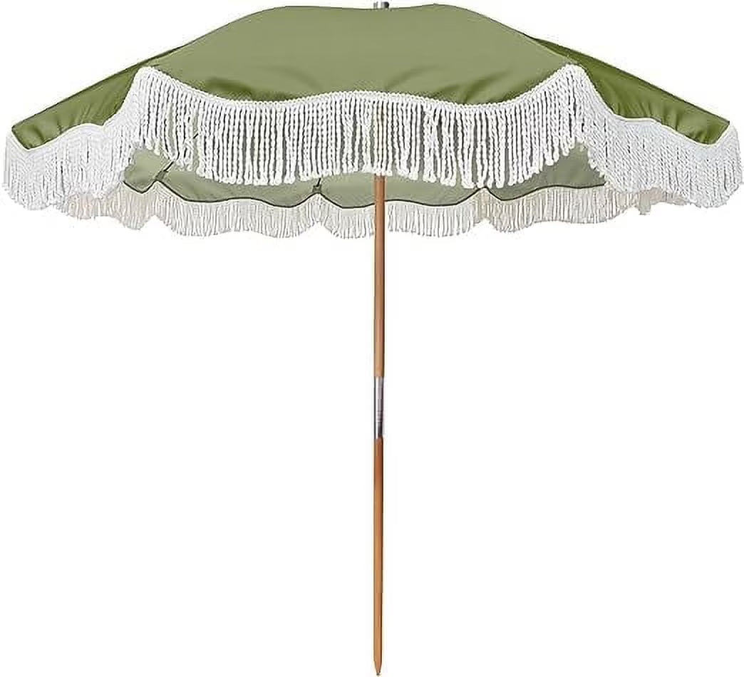 6.5ft Boho Fringe Beach Umbrella with Tassel Wood Pole UPF50+ UV Protection, Green S916