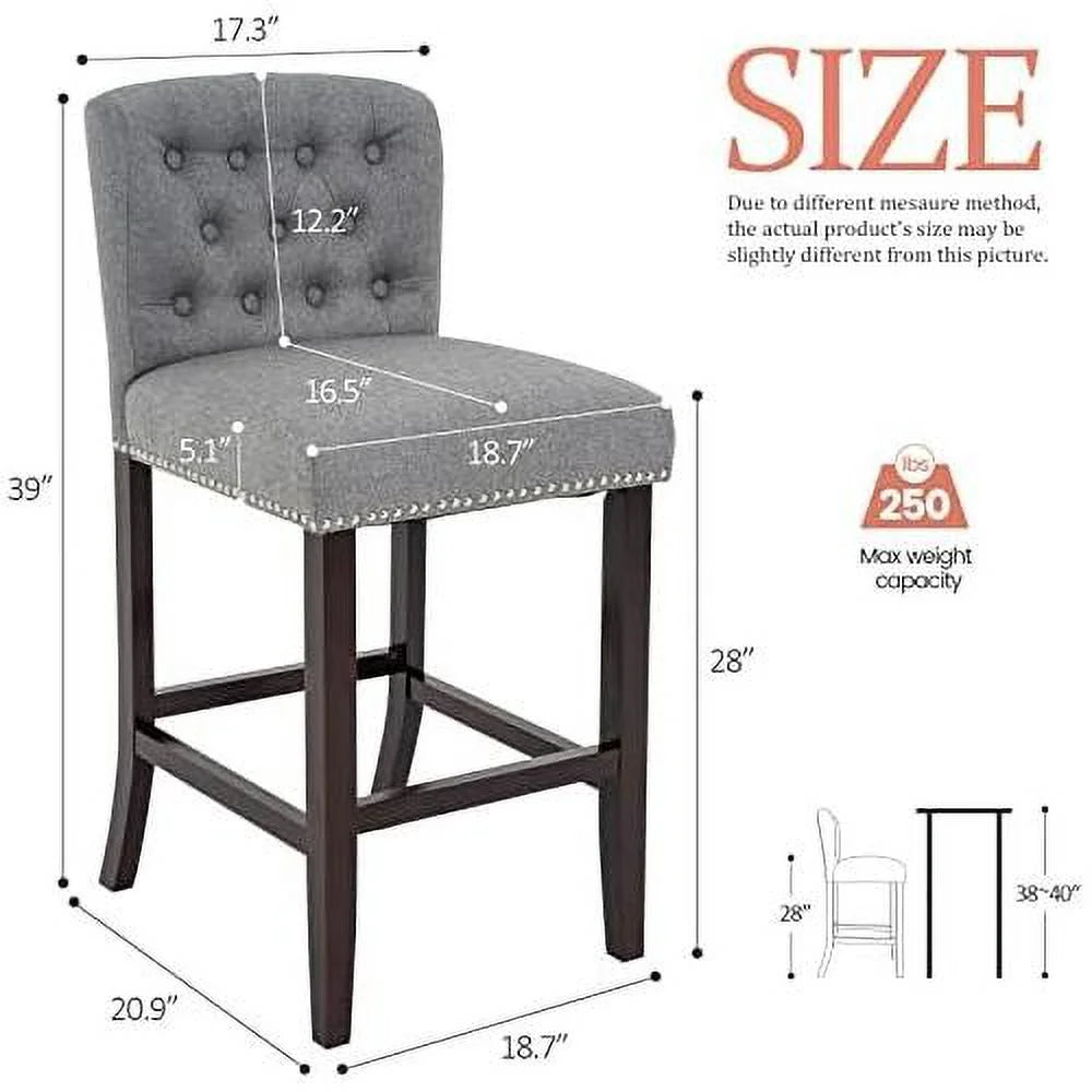Linen Fabric Button Tufted Bar Stool with Back Solid Wood Legs G16897
