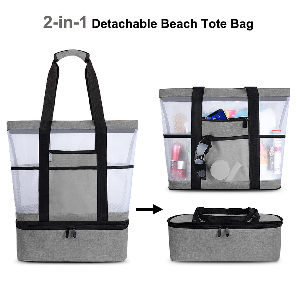 Gray Mesh Beach Tote with Zipper and Detachable Cooler D225778
