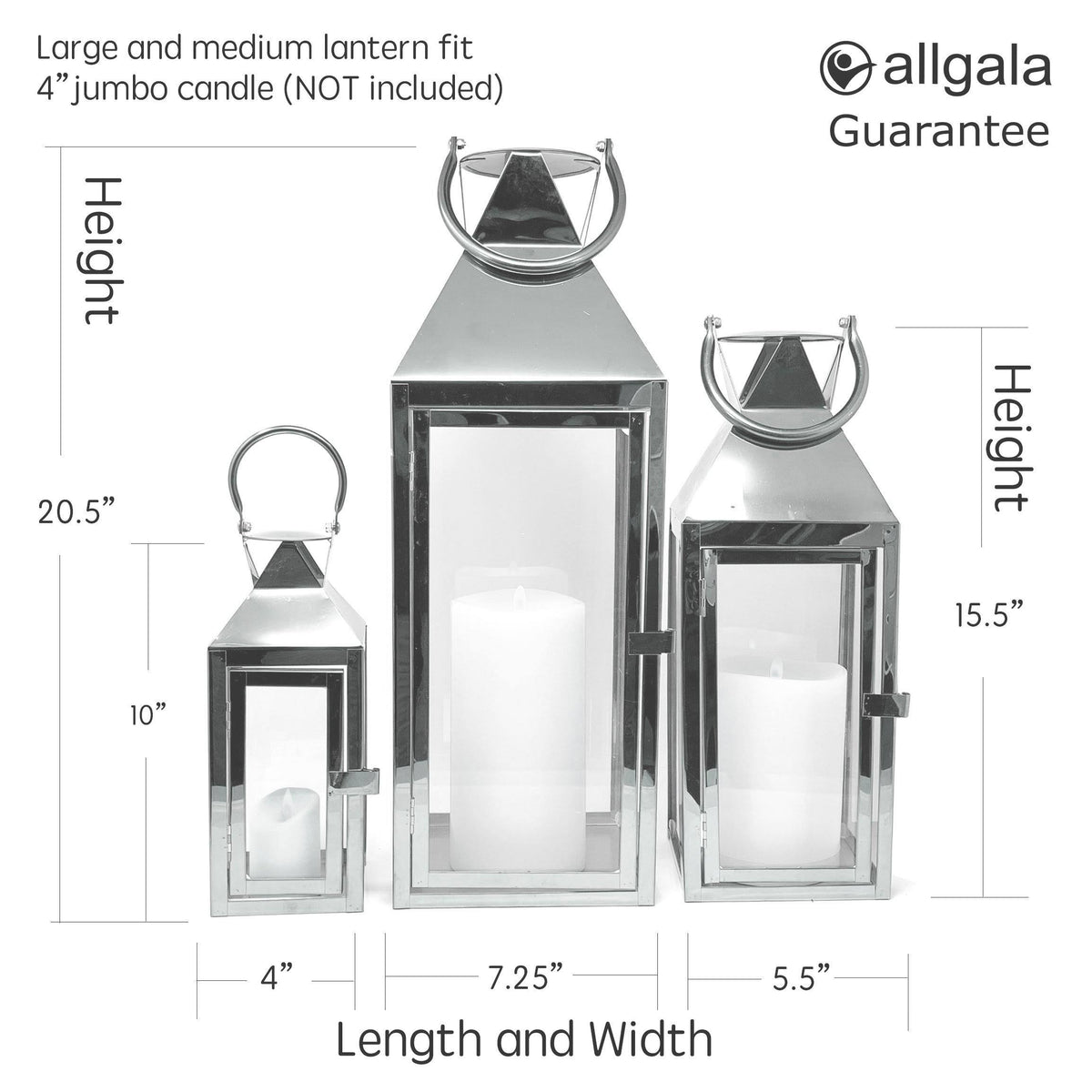 3-Pc Set Indoor/Outdoor Hurricane Candle Lantern Set with Chrome Plated Structure and Tempered Glass B191