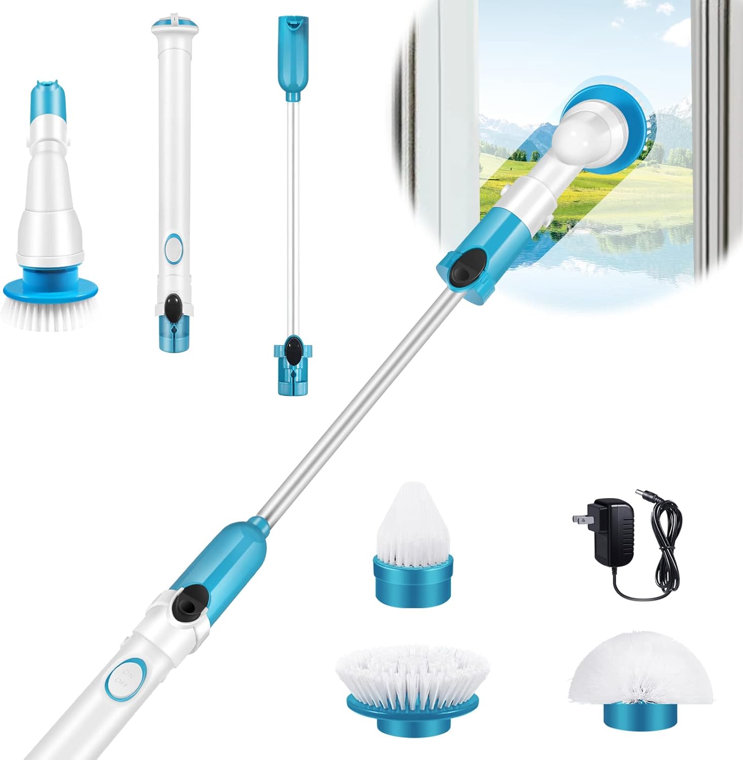 Electric Spin Scrubber, Cordless Bathroom Scrubber, Rechargeable Power Shower Floor Scrubber with 3 Replaceable Brush Heads and 1 Extension Arm, Pack of 2 M53788