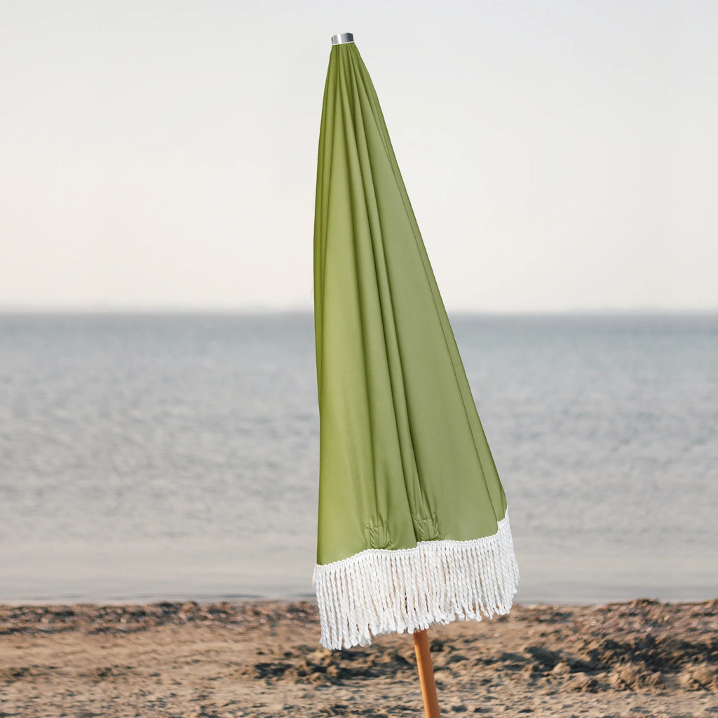 6.5ft Boho Fringe Beach Umbrella with Tassel Wood Pole UPF50+ UV Protection, Green S916