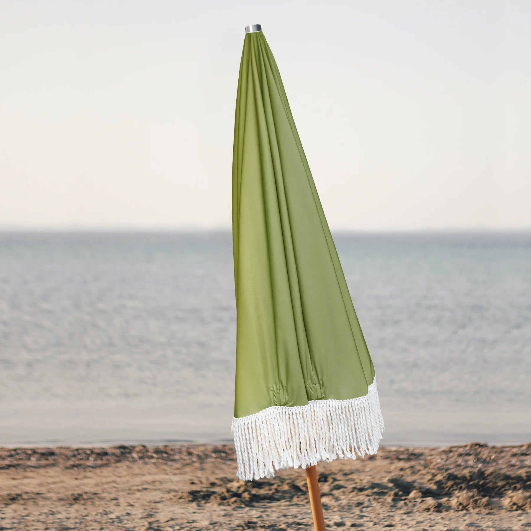 6.5ft Boho Fringe Beach Umbrella with Tassel Wood Pole UPF50+ UV Protection, Green S916