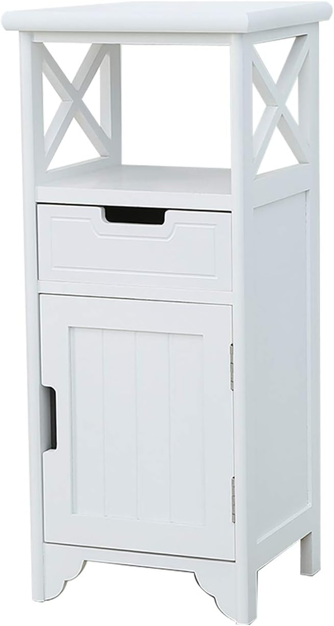 White Solid Wood End Table with Drawer and Doors A79255
