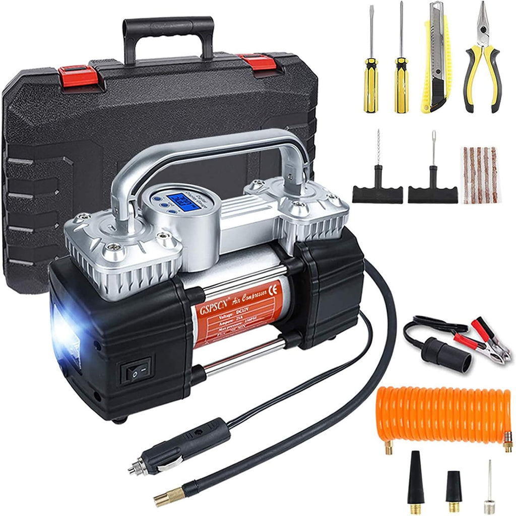 150Psi 12V Dual Cylinders Air Compressor Pump with Tire Repair Kit Q88216