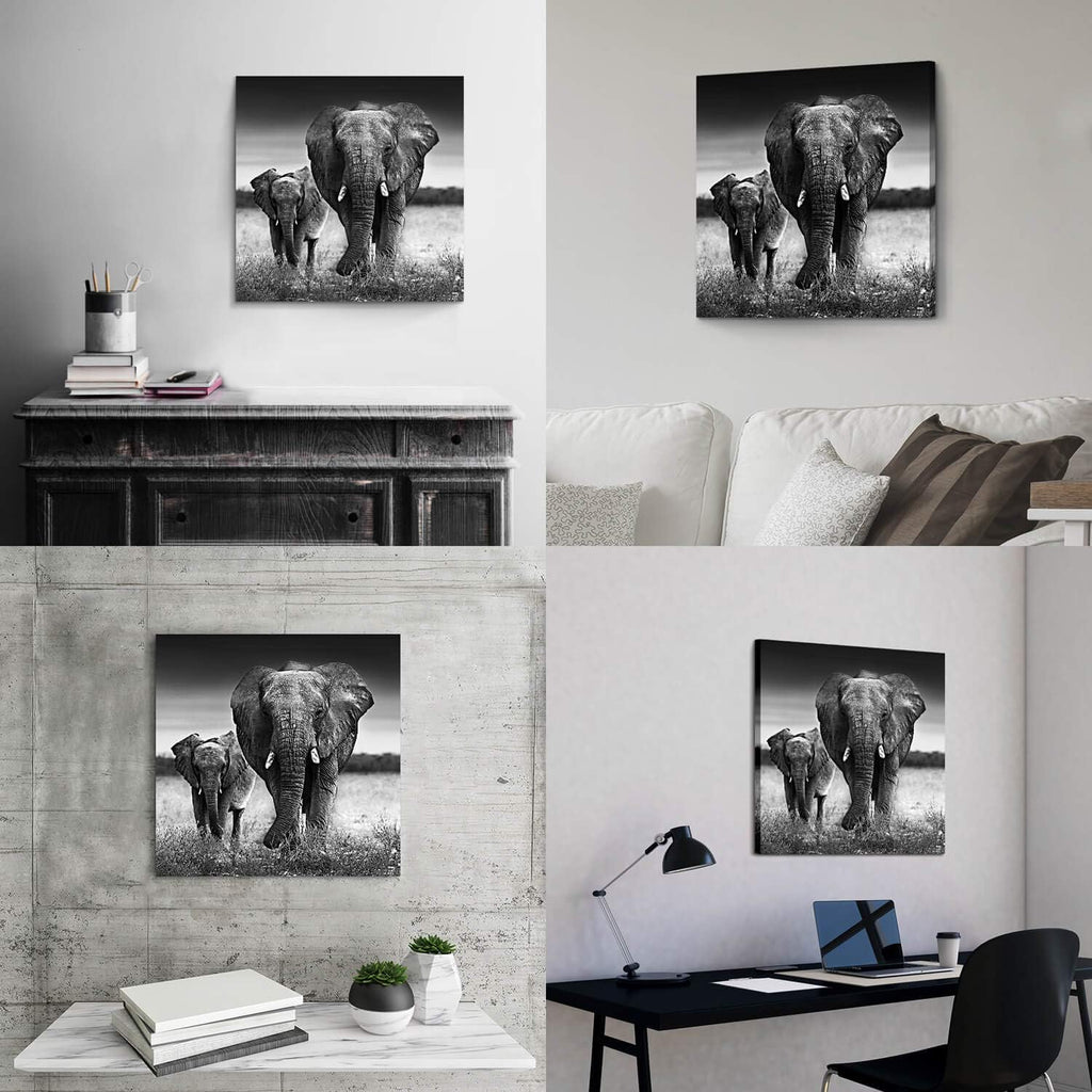 Black and White Elephant Mama and Baby Print on Canvas Wall Decor X42714