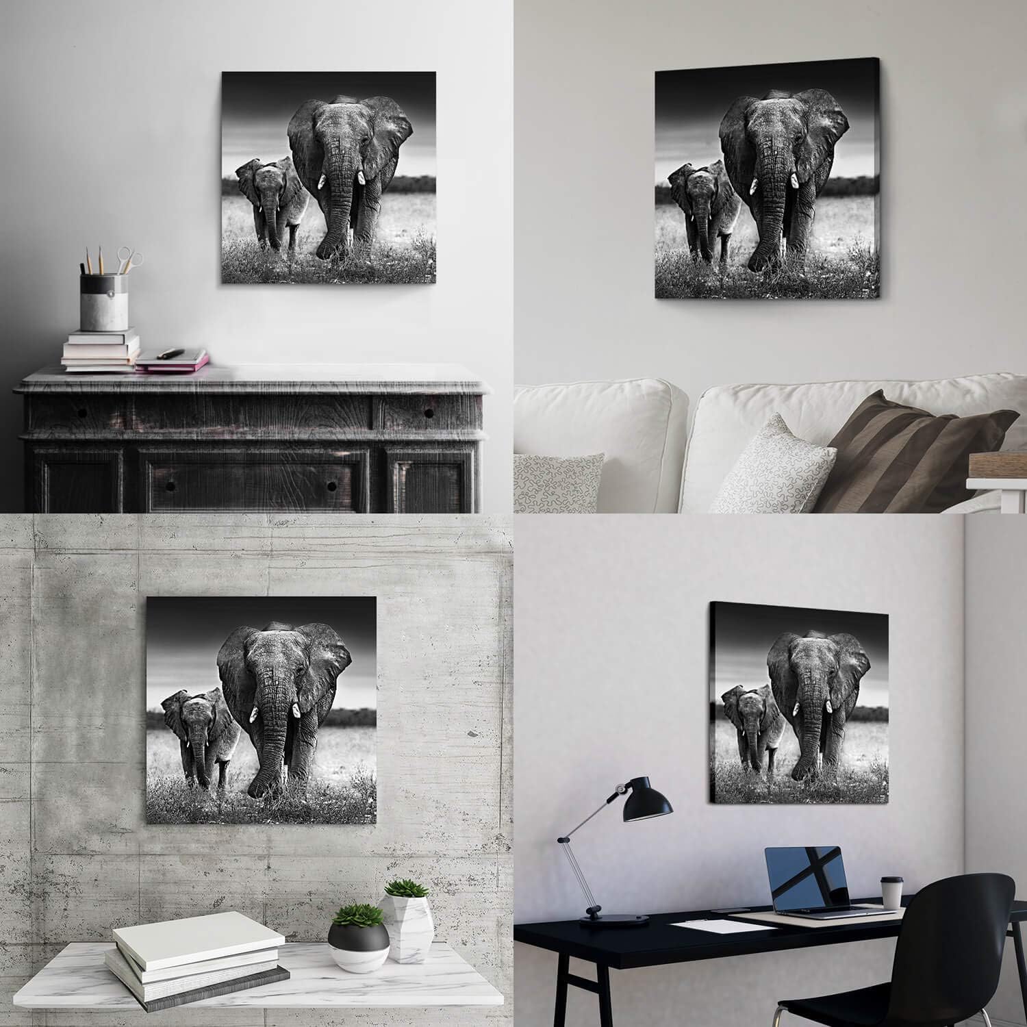 Black and White Elephant Mama and Baby Print on Canvas Wall Decor X42714