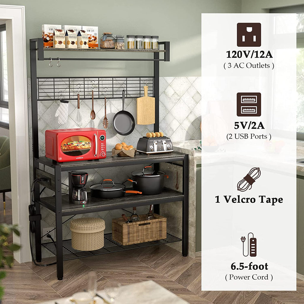 Rustic Brown 4-Tier Microwave Oven Stand with 10 Hooks E531973