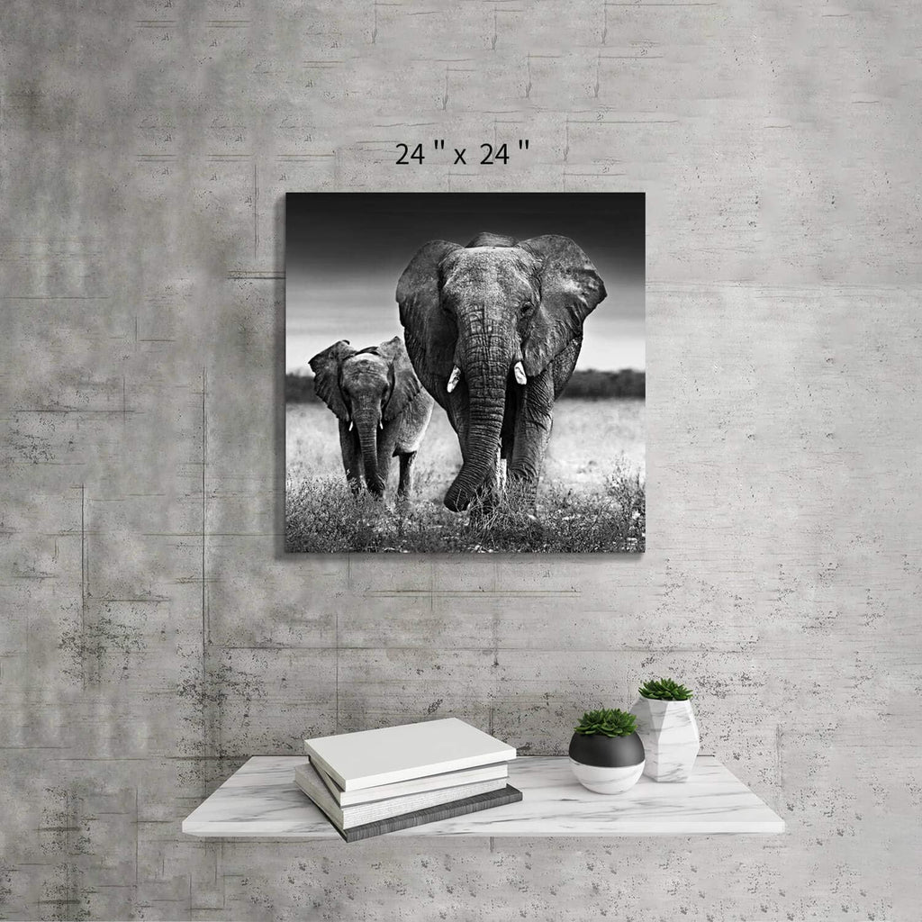 Black and White Elephant Mama and Baby Print on Canvas Wall Decor X42714