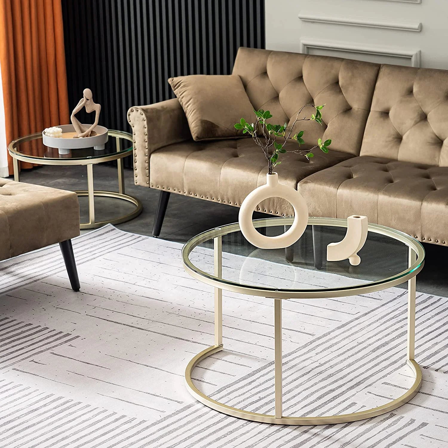 Gold Round Nesting Coffee Table Set of 2 with Tempered Glass H3942