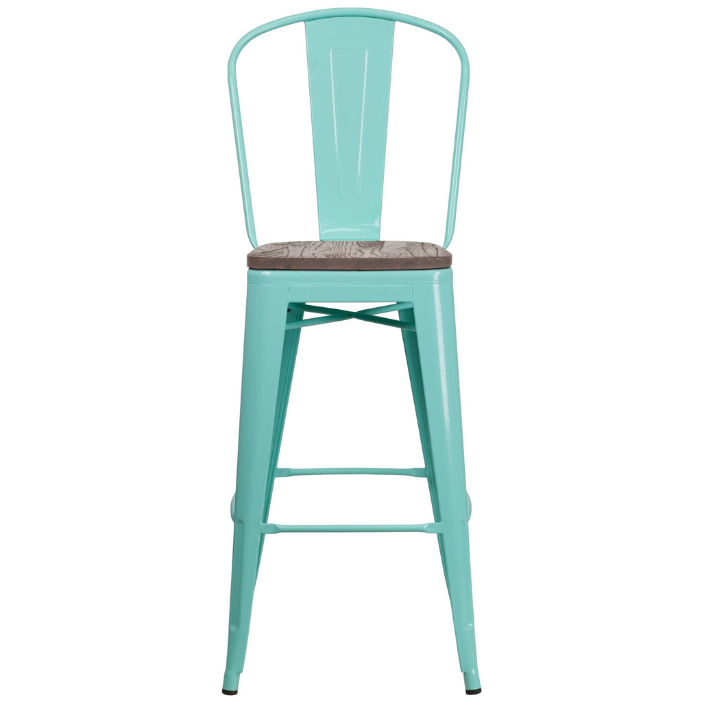 Crystal Teal-Blue Metal Barstool with Wood Seat T72422