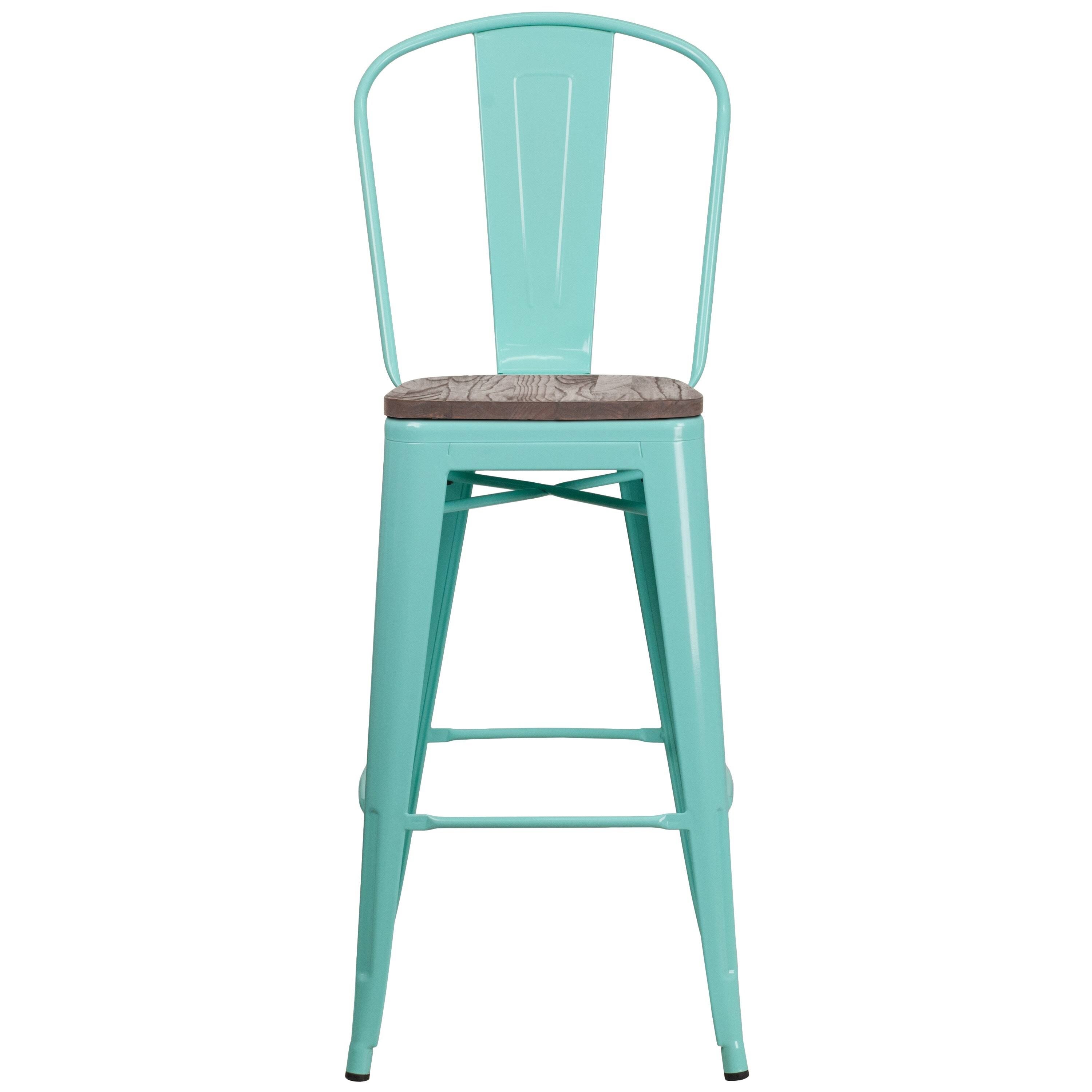 Crystal Teal-Blue Metal Barstool with Wood Seat T72422