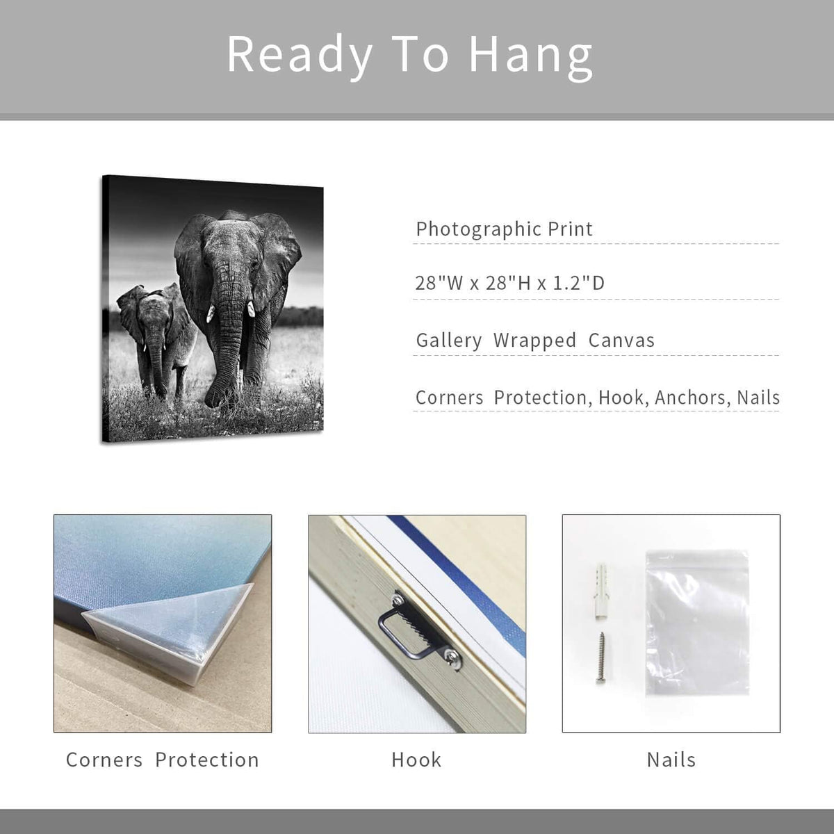 Black and White Elephant Mama and Baby Print on Canvas Wall Decor X42714