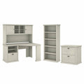 Linen White Oak Corner Desk with Hutch, Lateral File Cabinet and 5 Shelf Bookcase N694447