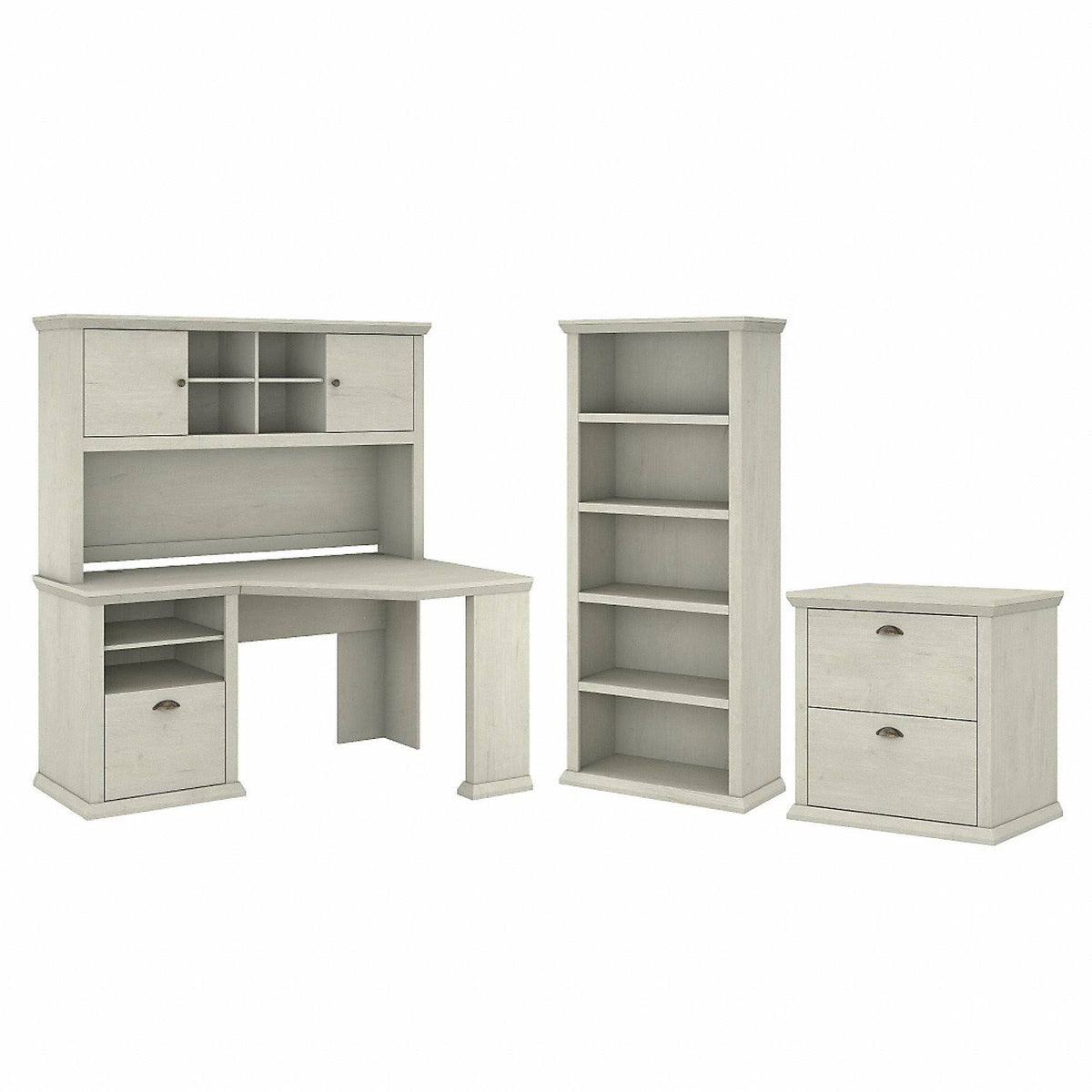 Linen White Oak Corner Desk with Hutch, Lateral File Cabinet and 5 Shelf Bookcase N694447