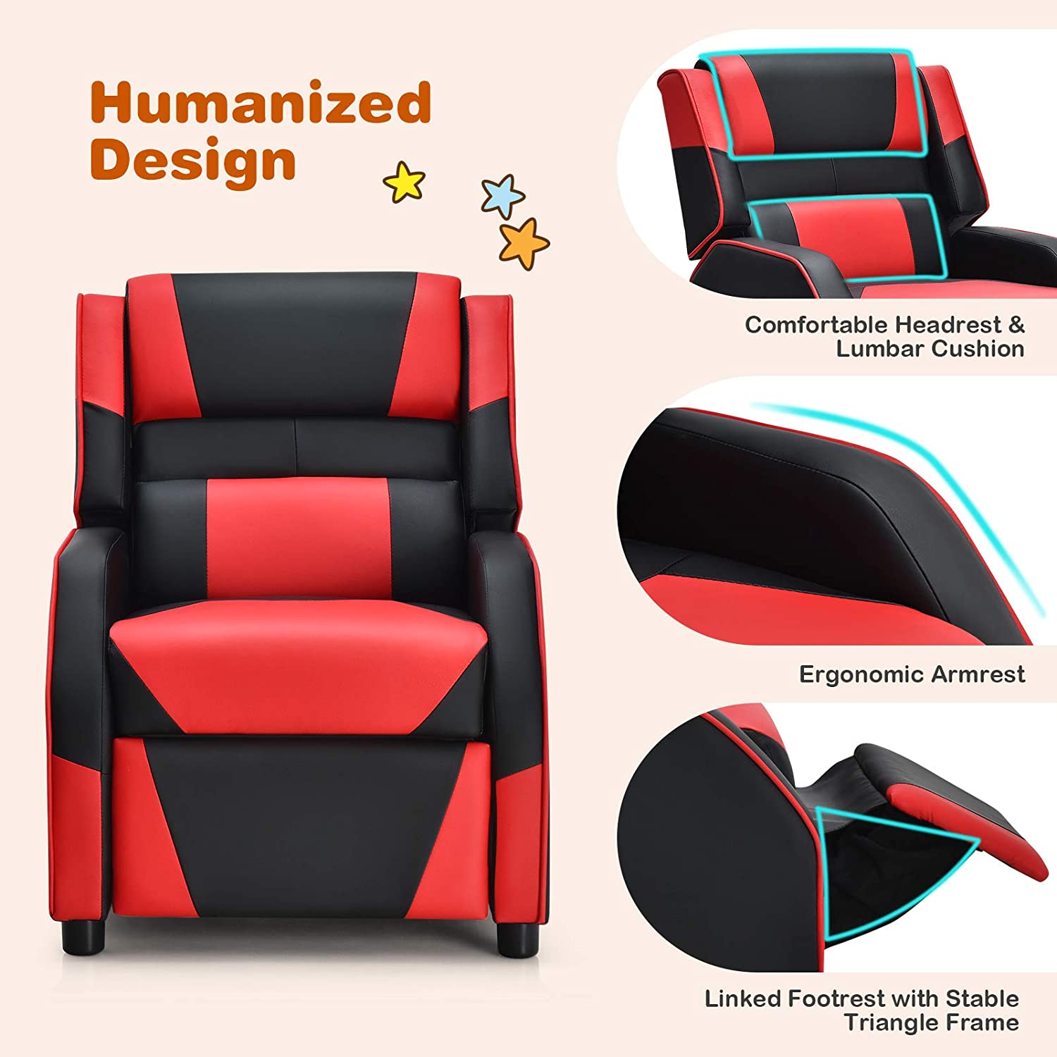 Red Ergonomic PU Leather Gaming Recliner Chair J175