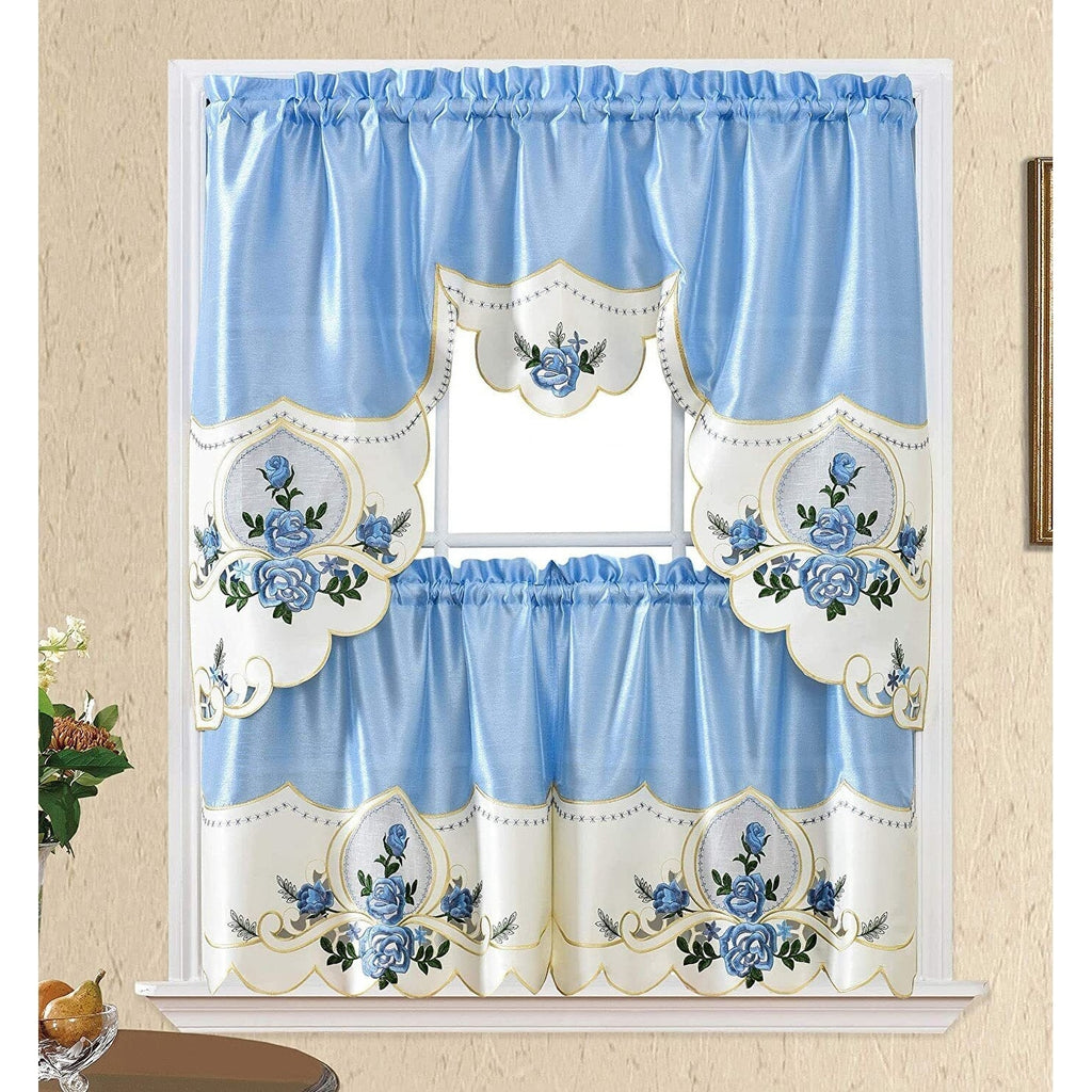 Gold Sun Flower Embroidery Kitchen Curtain 3PC Set K919