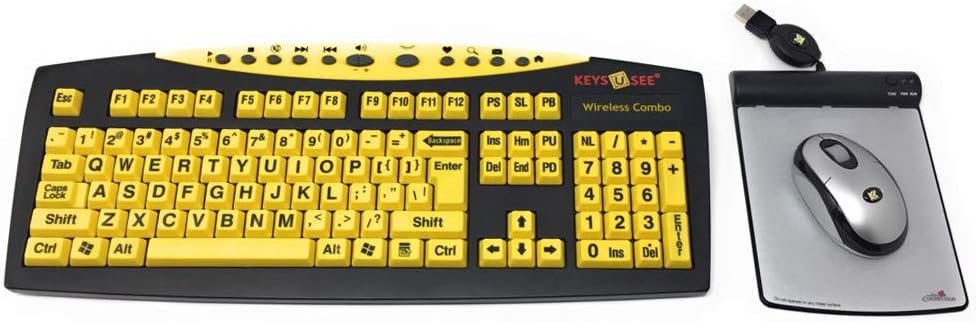Large Print Yellow Wireless Keyboard with Optical Mouse and USB Wired Magic Pad Pack of 2 E35689