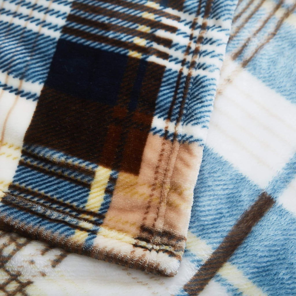 Blue Tan Farmhouse Plaid Plush Throw Blanket, 66x90 W162