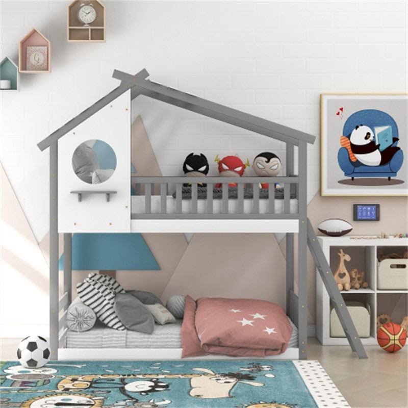 Gray Twin Over Twin Solid Wood Bunk Bed with Ladder L82019