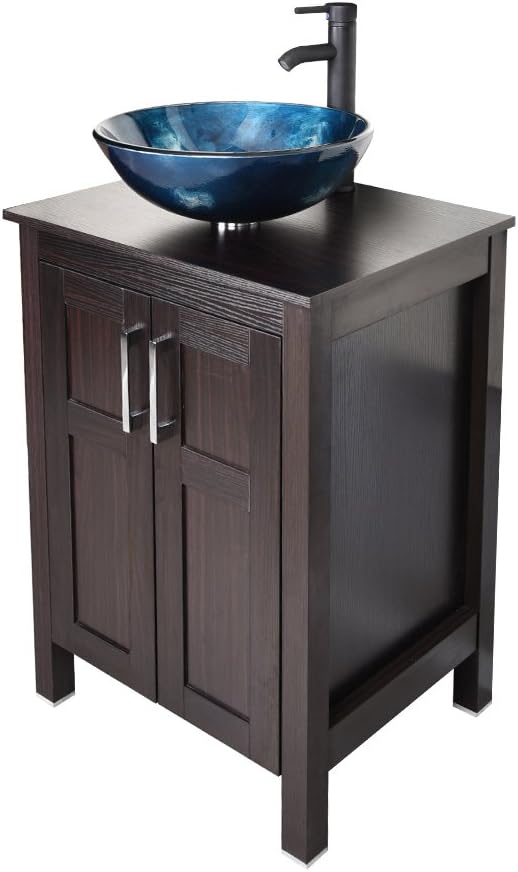 Dark Coffee 24 Inches Single Bathroom Vanity with Tempered Glass Round Sink Top and 2-Door Cabinet Y240