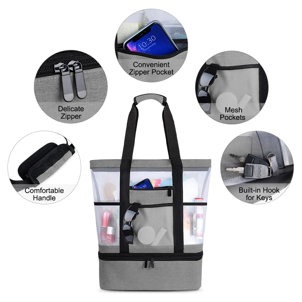 Gray Mesh Beach Tote with Zipper and Detachable Cooler D225778