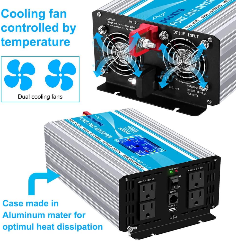 1500 Watt Pure Sine Wave Power Inverter 12V DC to 110V AC with LCD Display USB Port 4 AC Outlets N938281