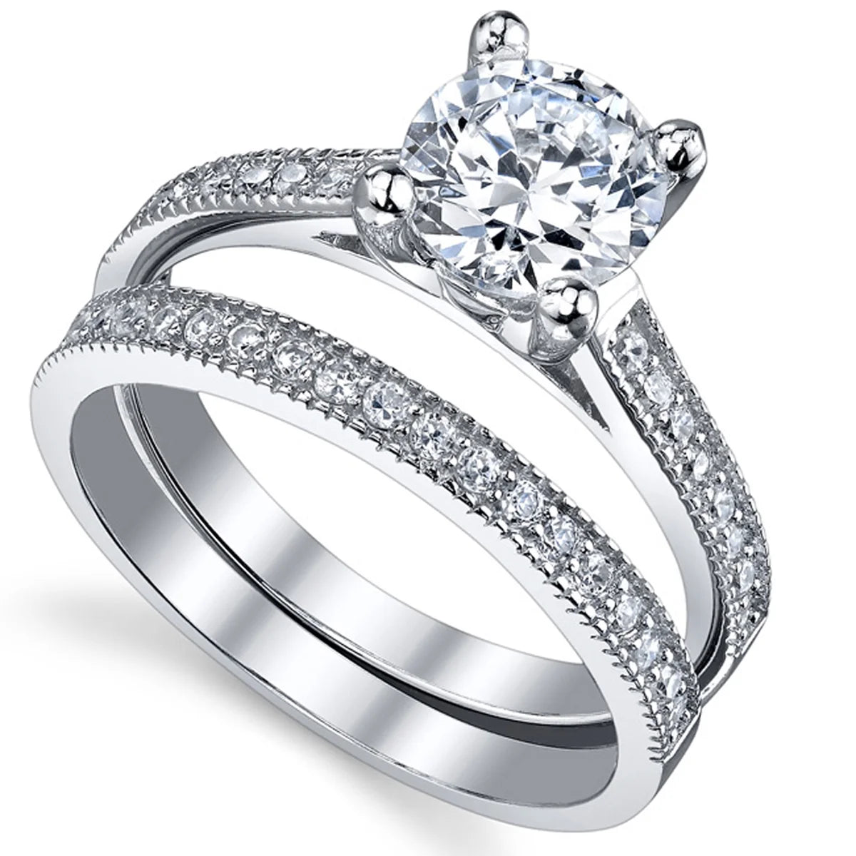 1.25 Ct Round Cubic Zirconia Sterling Silver Wedding Engagement Ring Set T76619