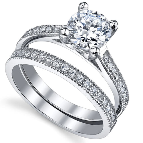 1.25 Ct Round Cubic Zirconia Sterling Silver Wedding Engagement Ring Set T76619