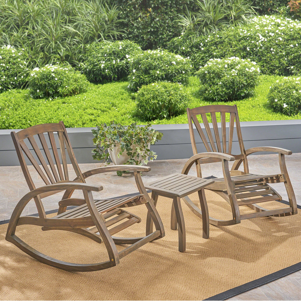 Rustic Acacia Wood Recliner Rocking Chair with Side Table B389