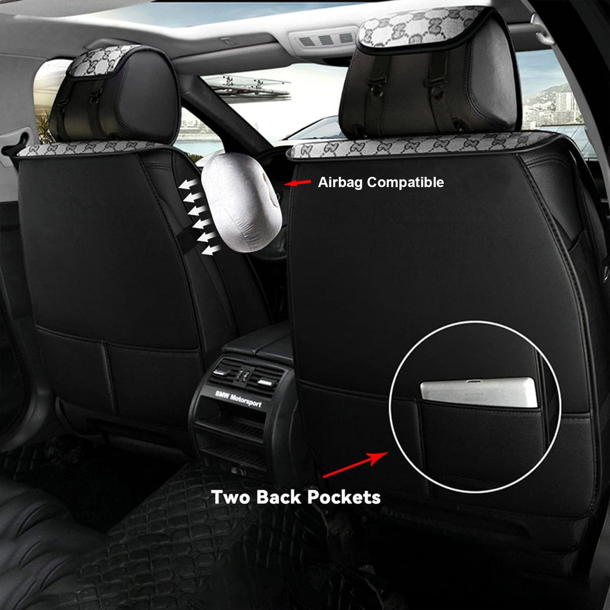 Grey Faux Leather Car Seat Covers Full Set 5 Seats Waterproof Protector O18266