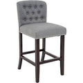 Linen Fabric Button Tufted Bar Stool with Back Solid Wood Legs G16897