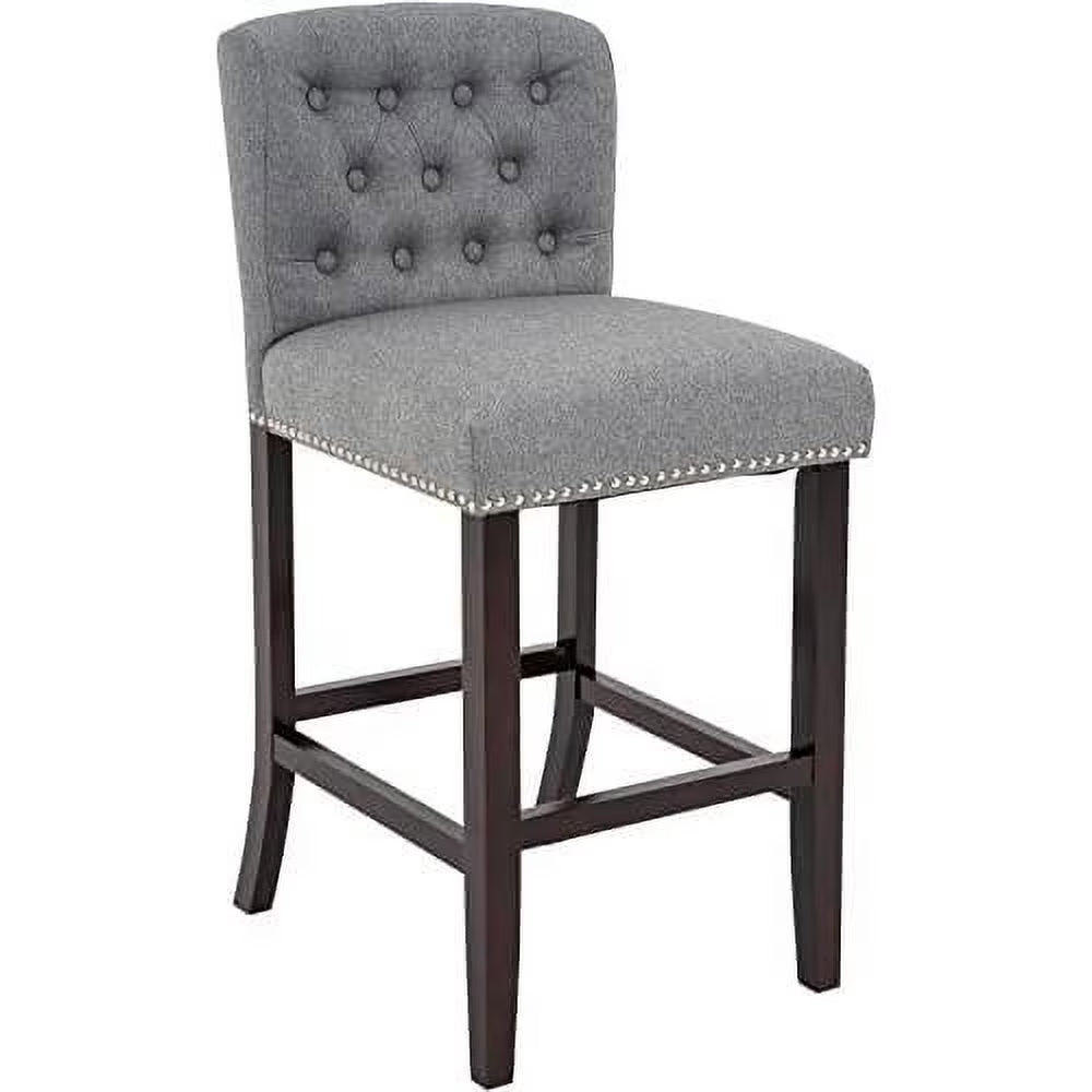 Linen Fabric Button Tufted Bar Stool with Back Solid Wood Legs G16897