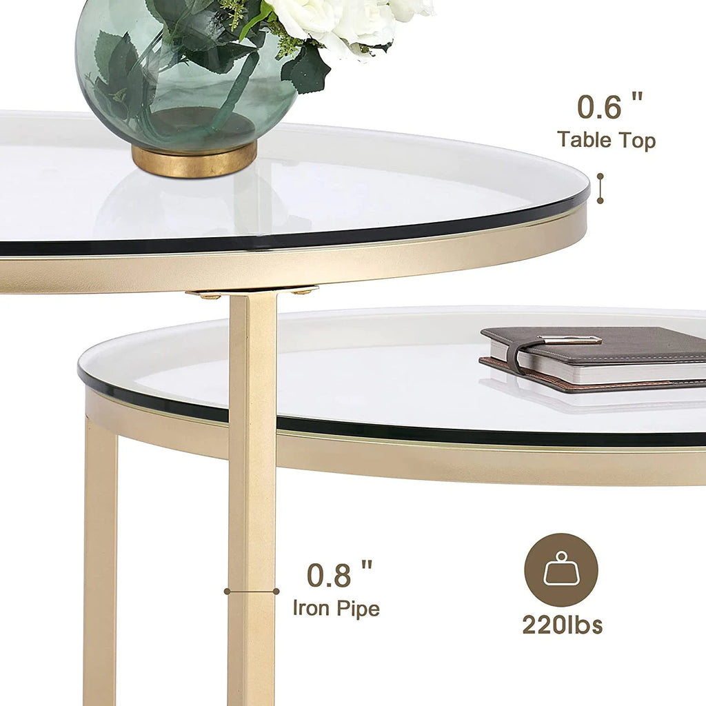 Gold Round Nesting Coffee Table Set of 2 with Tempered Glass H3942