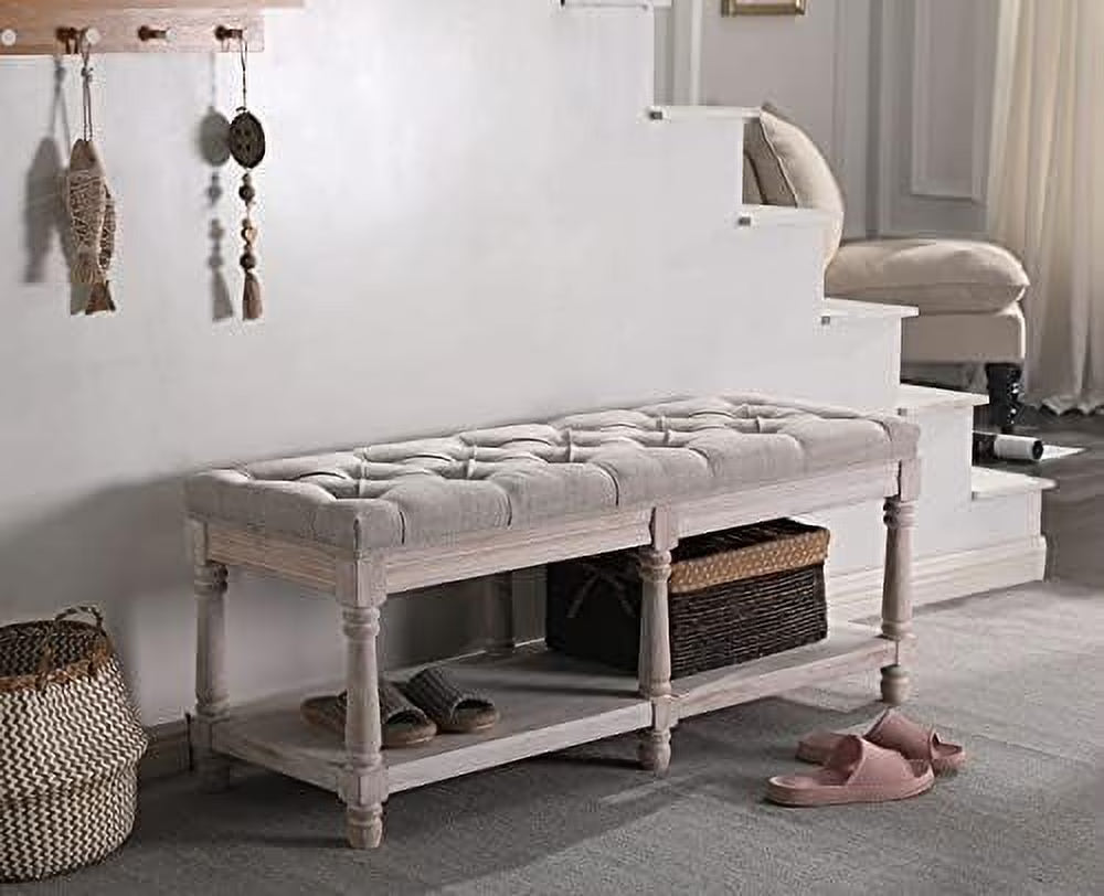Beige Tufted Entryway Bench with Shoe Rack S4813