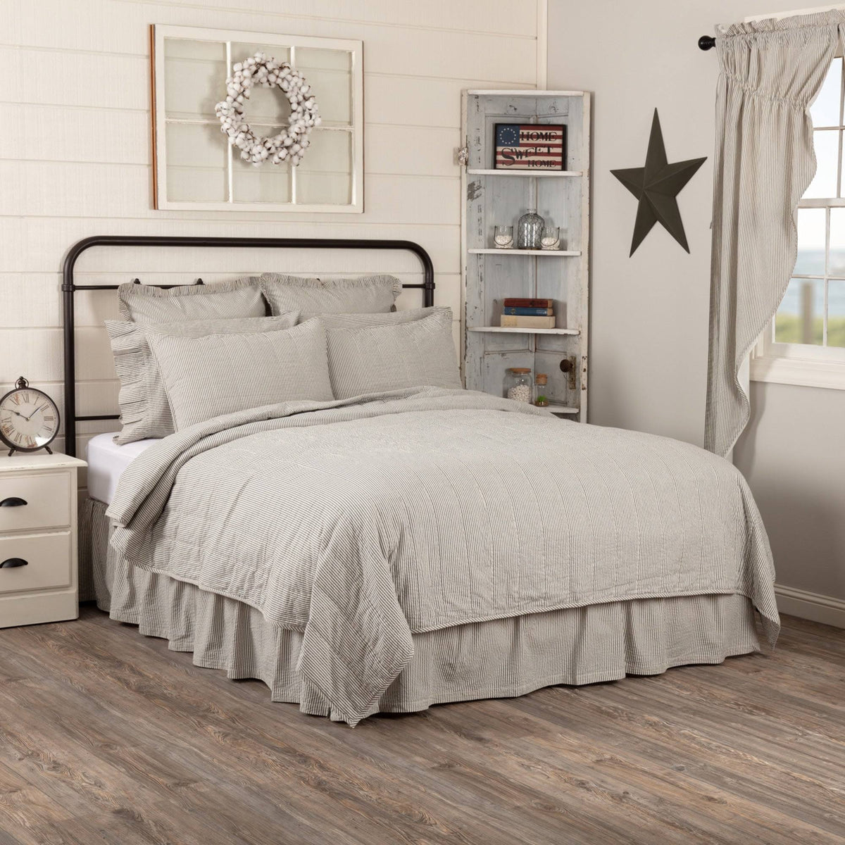 Blue Ticking Stripe King Quilt Coverlet Z242