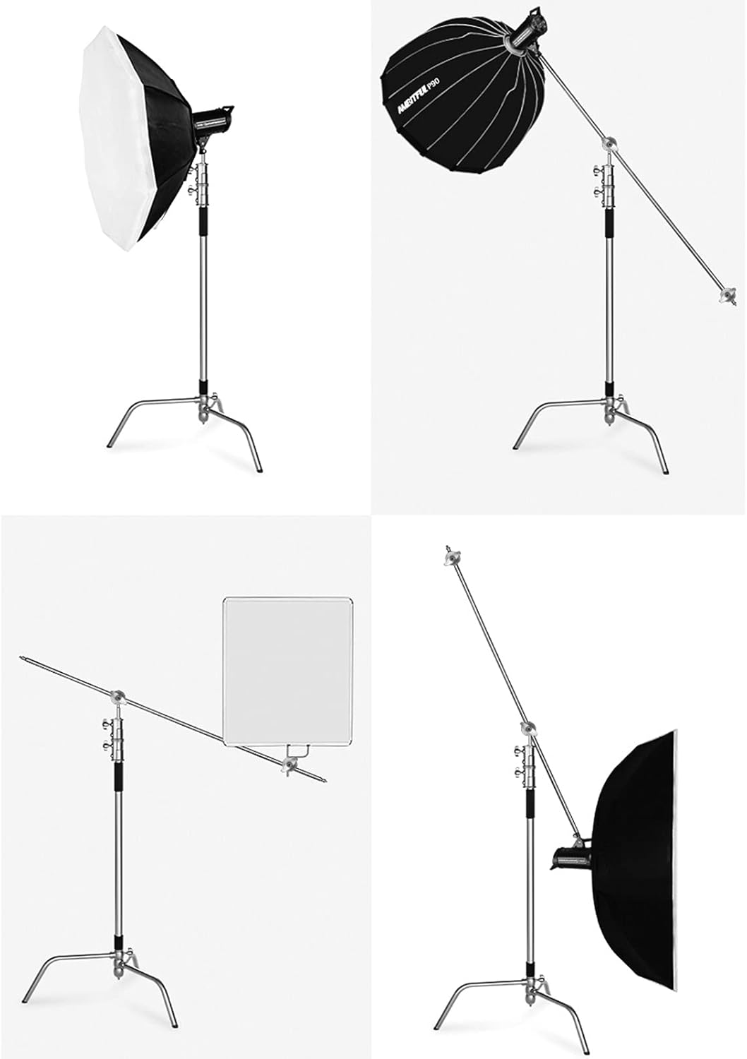 100% Stainless Steel Heavy Duty C Stand with Boom Arm, 2 Grip Head O7026