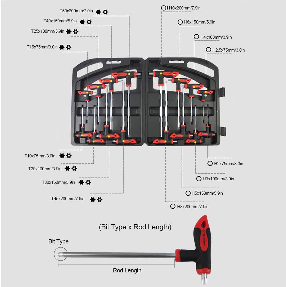 16 pcs T-Handle Hex Wrench Set, Ball End, 75mm-200mm, T10-T50 H255222