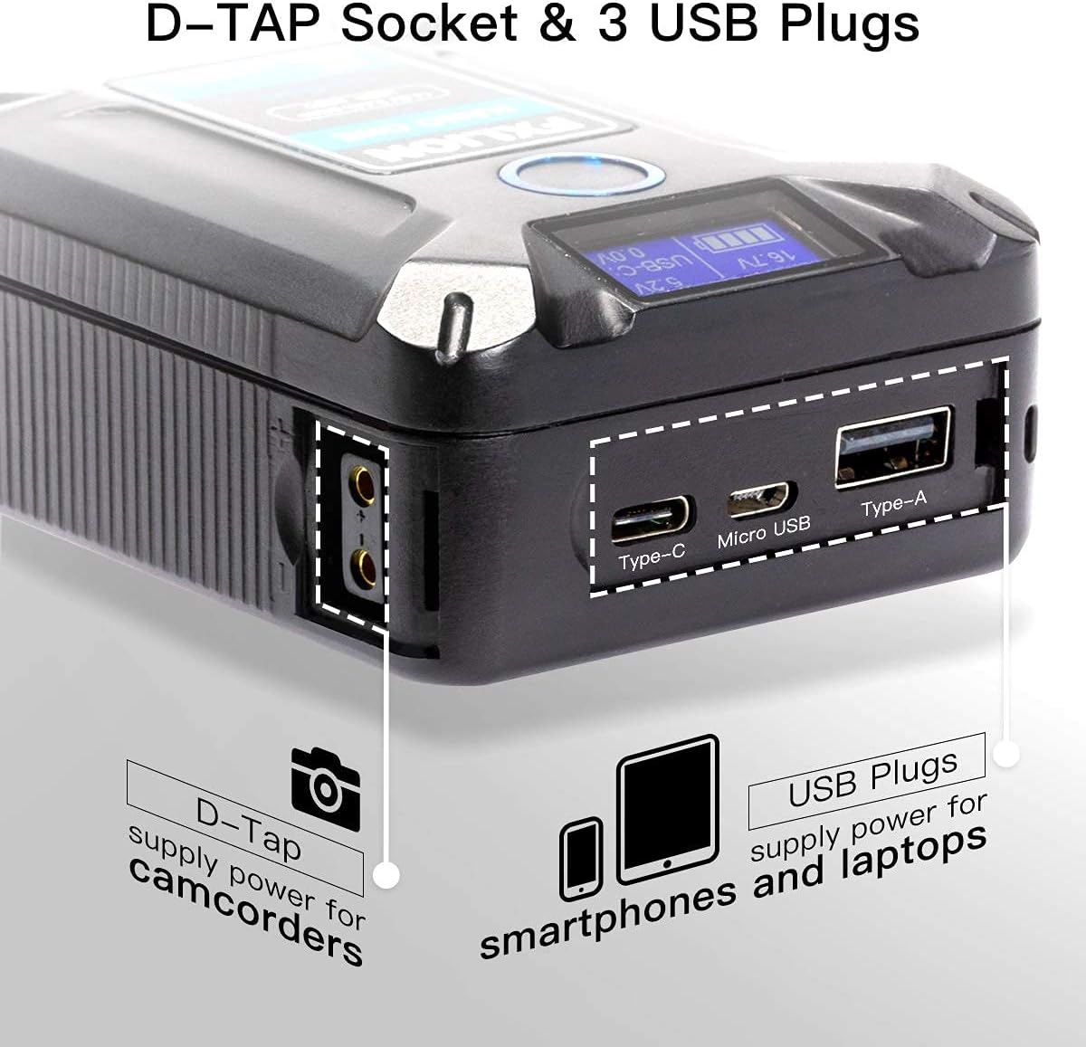 V Mount Battery 3400mAh with D-TAP, USB-C, USB-A, Micro USB Plugs B538024