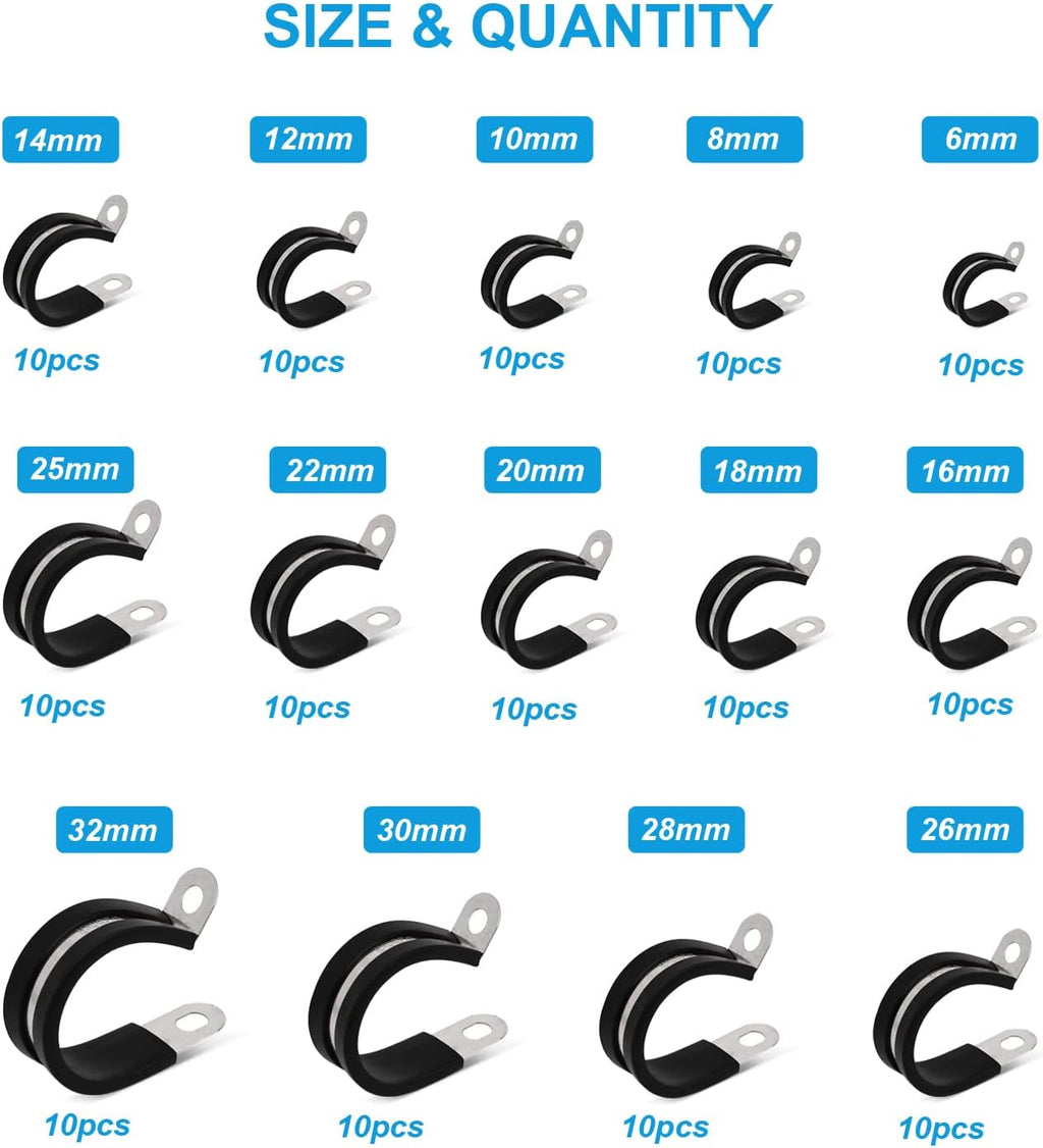 140pcs 304 Stainless Steel Rubber Cushioned Cable Clamps Assortment Kit S3089