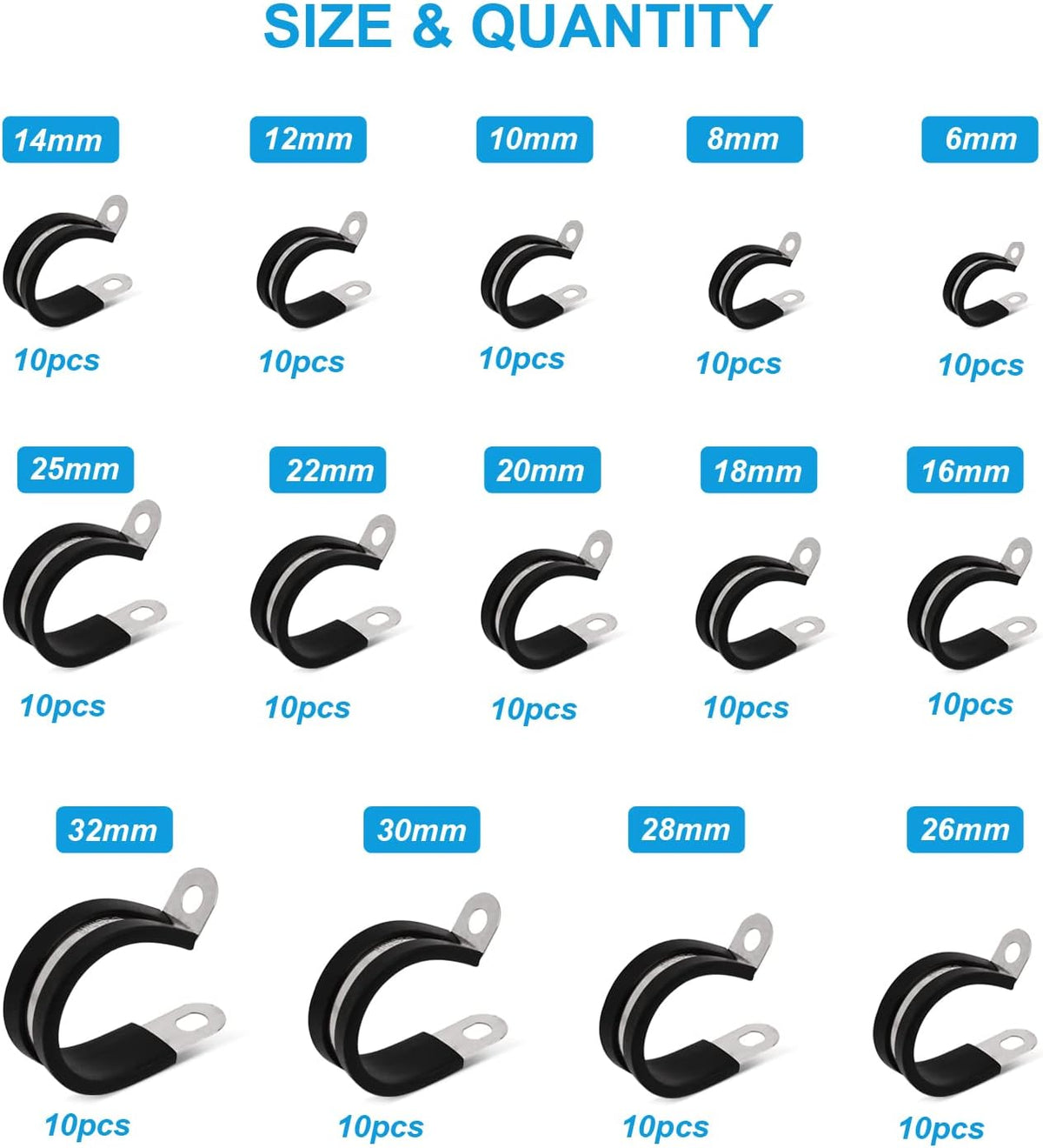 140pcs 304 Stainless Steel Rubber Cushioned Cable Clamps Assortment Kit S3089