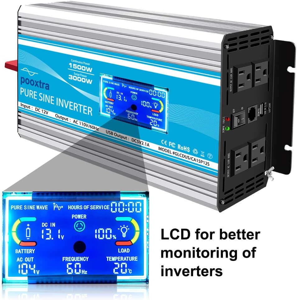 1500 Watt Pure Sine Wave Power Inverter 12V DC to 110V AC with LCD Display USB Port 4 AC Outlets N938281