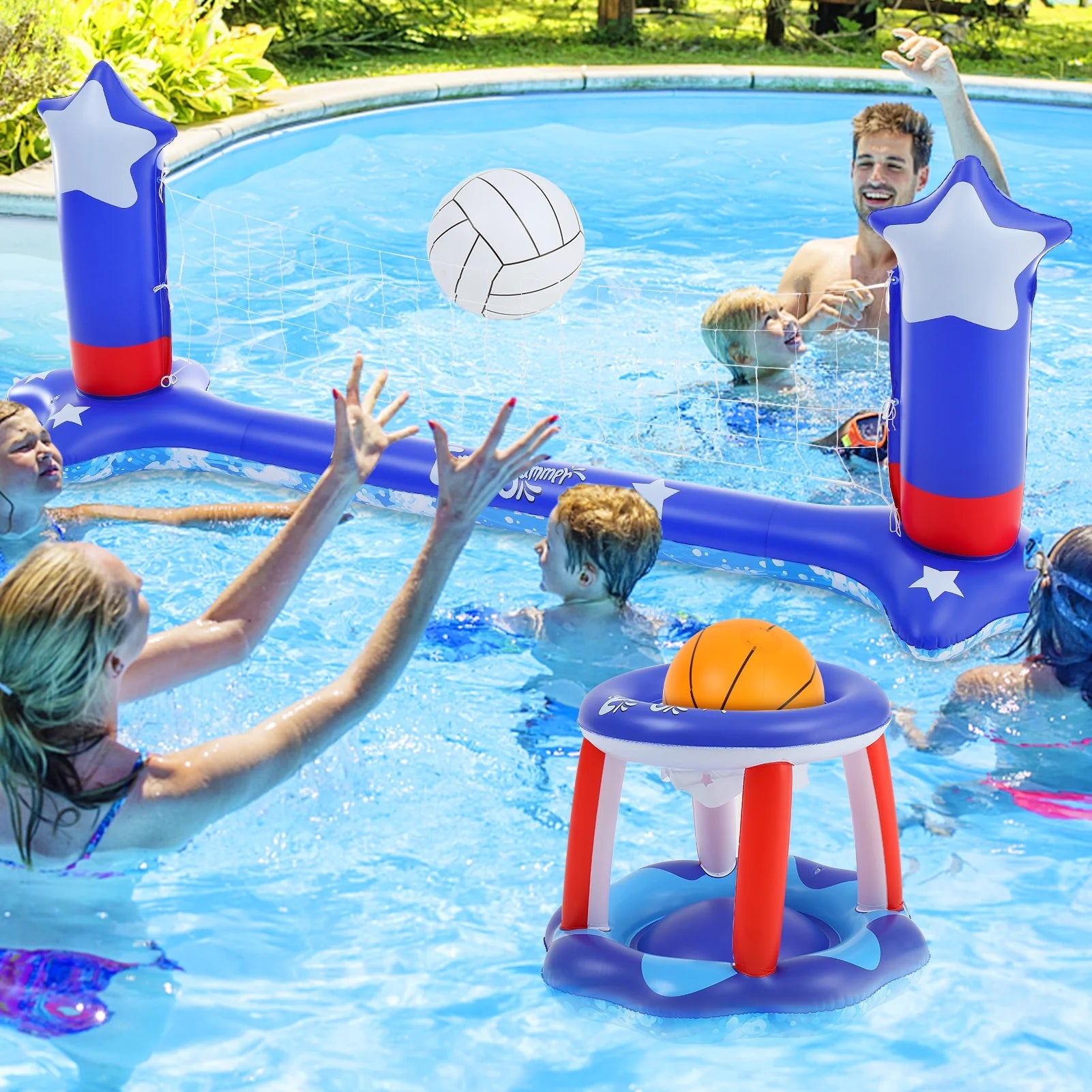 Inflatable Pool Volleyball Net and Basketball Hoop O799602