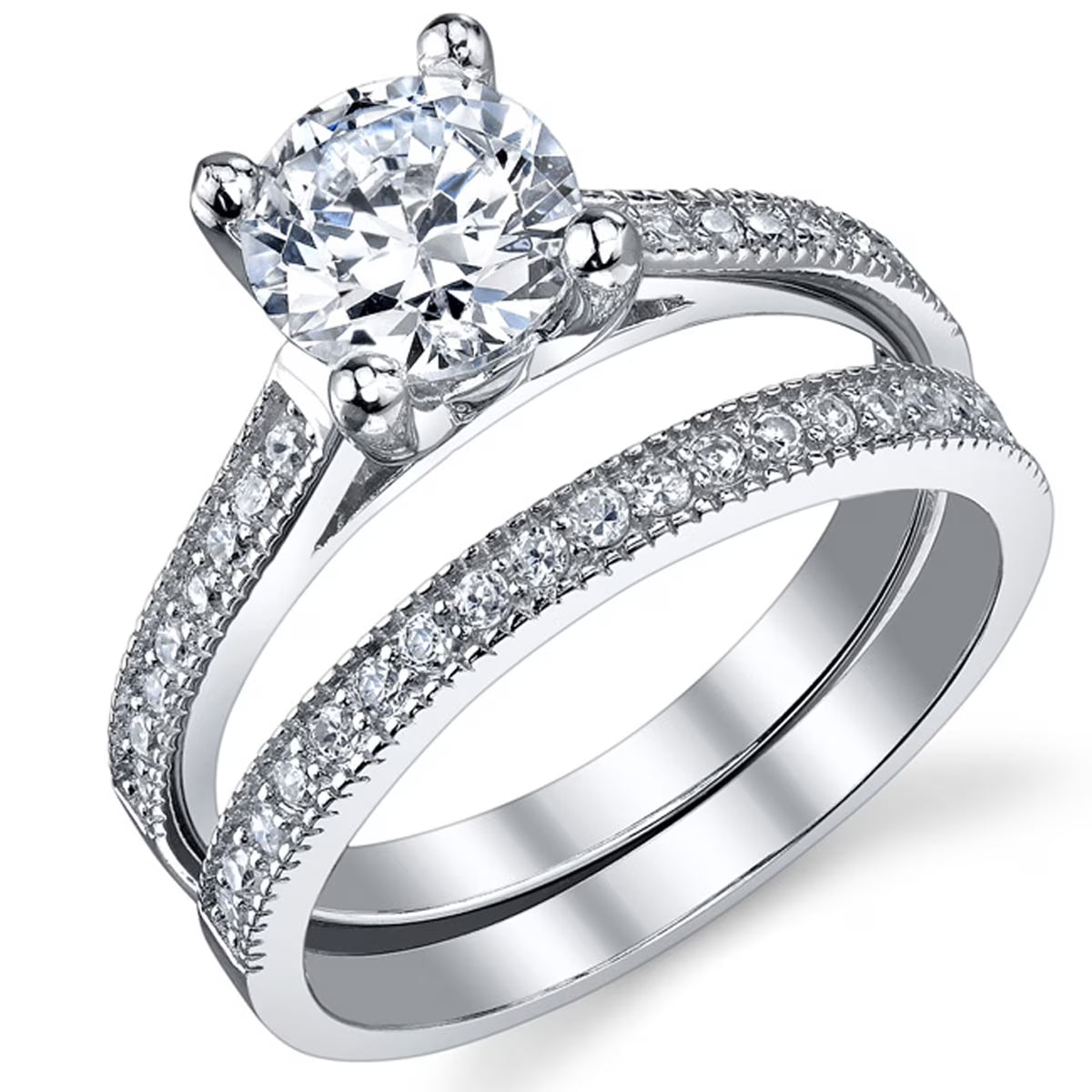 1.25 Ct Round Cubic Zirconia Sterling Silver Wedding Engagement Ring Set T76619